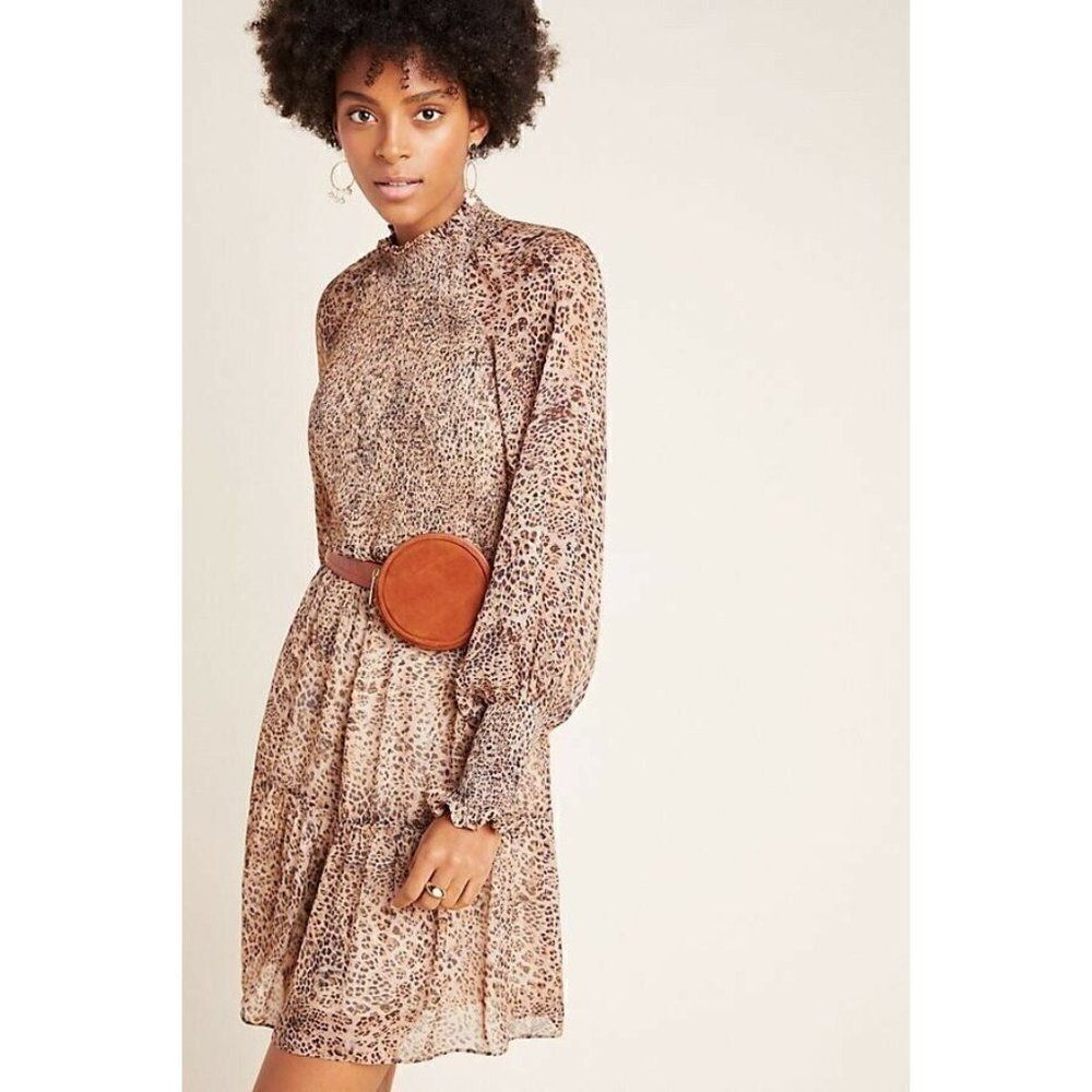 NWT ANTHROPOLOGIE ML MONIQUE LHUILLIER Sz 2 LEOPARD SMOCKED MINI DRESS